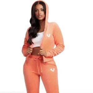 True Religion Orange Velour Crystal Buddha Sweater and Jogger Set